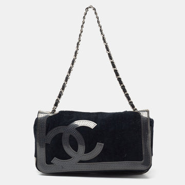Chanel Black/Grey Corduroy And Patent Leather Cambon Shoulder Bag