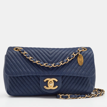 Chanel Navy Blue Chevron Leather Small Medallion Charm Flap Bag