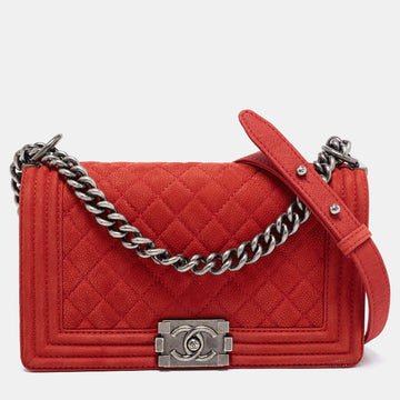 Chanel Brick Red Quilted Caviar Nubuck Leather Medium Boy Flap Bag