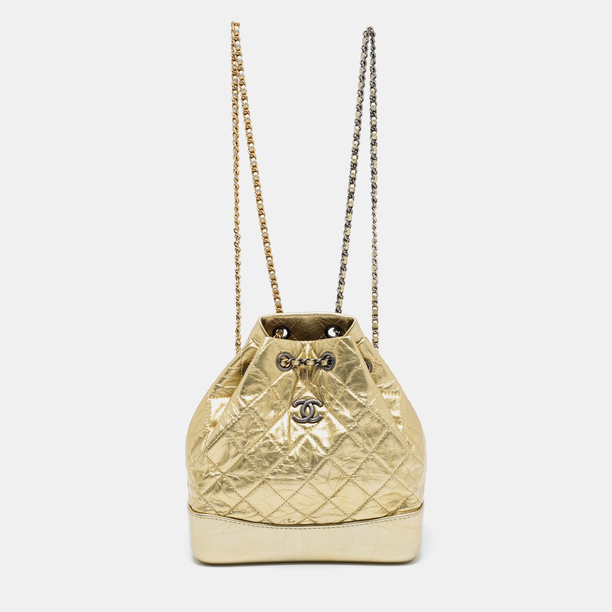 Chanel Metallic Gold Quilted Laminated Leather Small Gabrielle Backpac