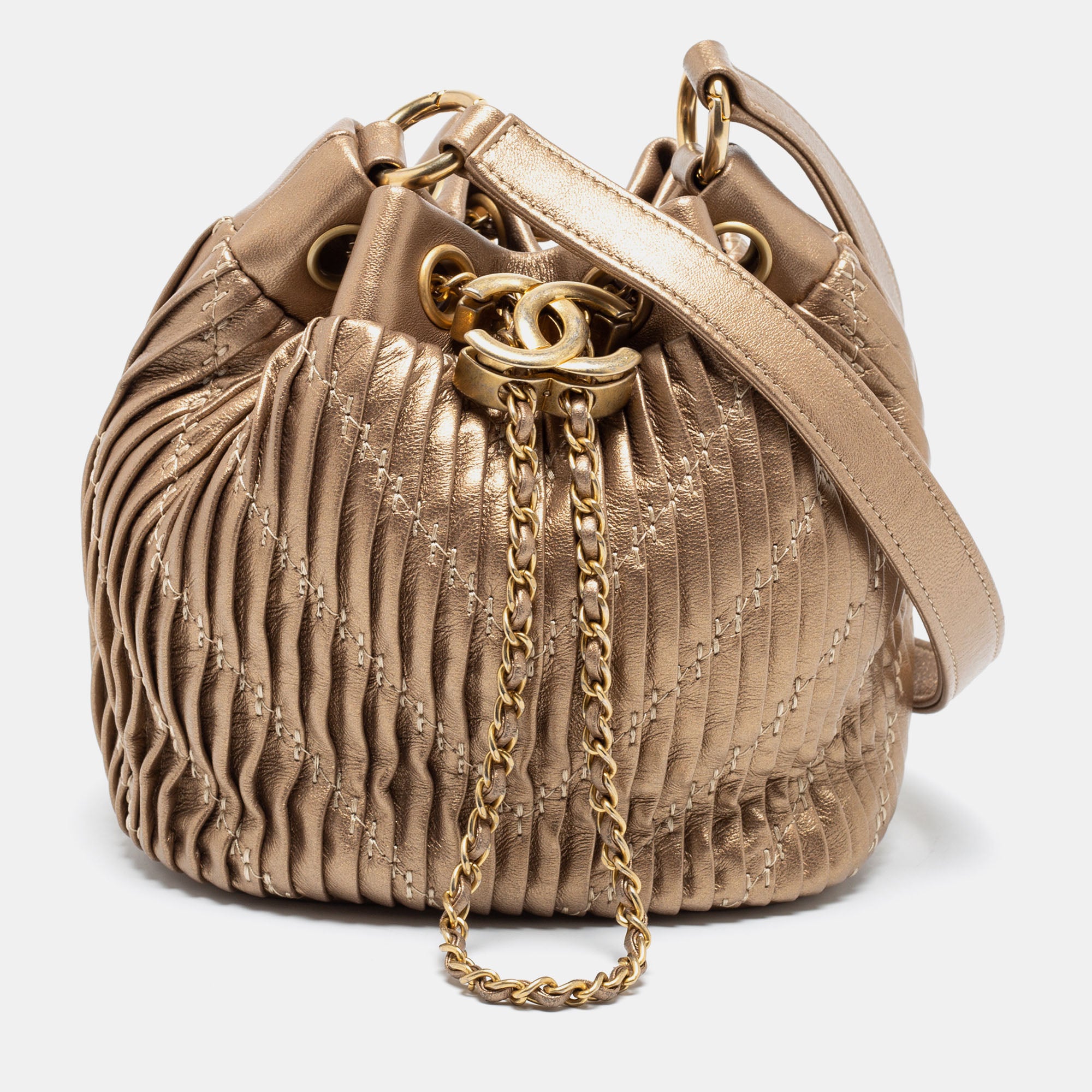 Chanel Gold Leather Small Coco Pleats Drawstring Bucket Bag