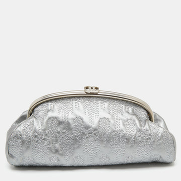 Chanel Metallic Grey Embroidered Leather Frame Clutch