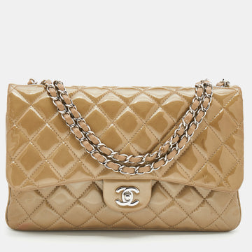 Chanel Olive Grey Quilted Patent Leather Accordion 3 Flap Bag