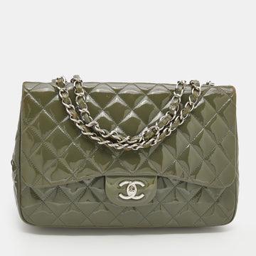 Chanel Olive Grey Patent Leather Jumbo Classic Single Flap Bag