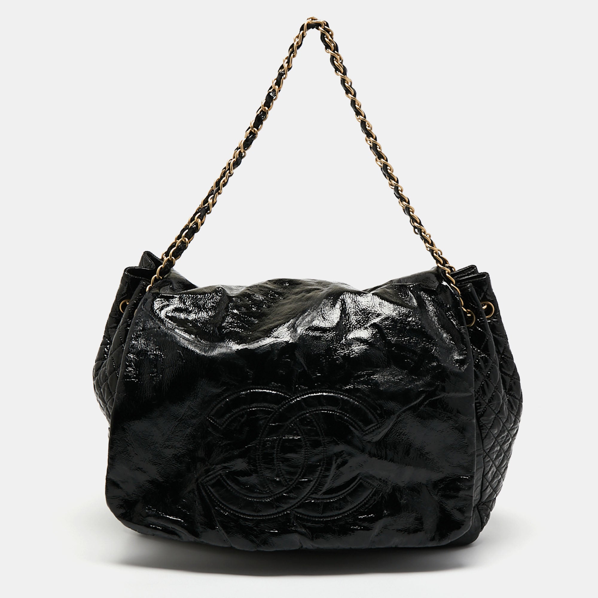 Chanel Black Patent Vinyl Rock and Chain Large Hobo Bag - Yoogi's Closet