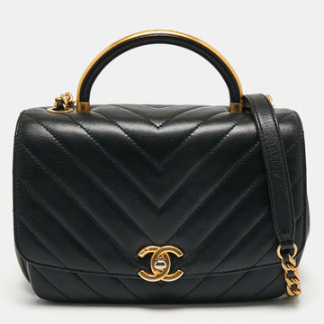 Chanel Black Chevron Leather Gold Top Handle Flap Bag