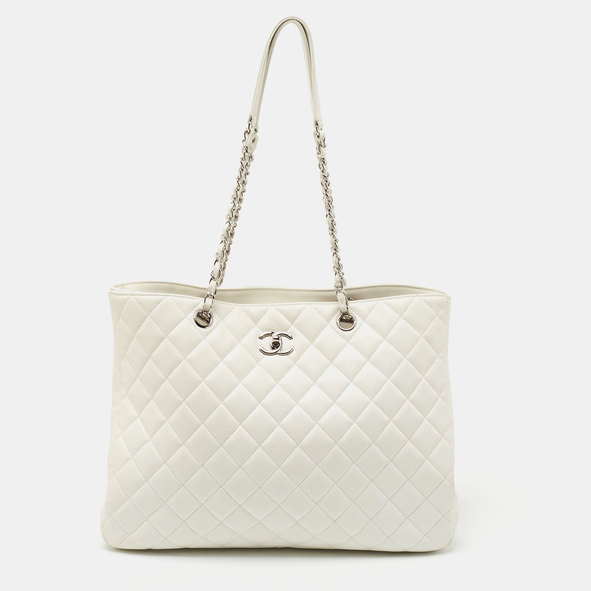 Chanel White Quilted Leather CC Classic Shopper Tote