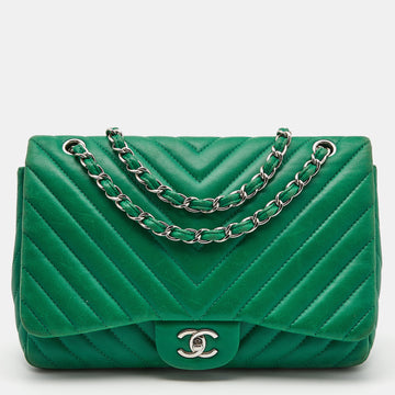 Chanel Green Chevron Leather Jumbo Classic Single Flap Bag