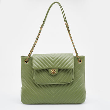 Chanel Green Chevron Leather Classic Flap Shopping Tote