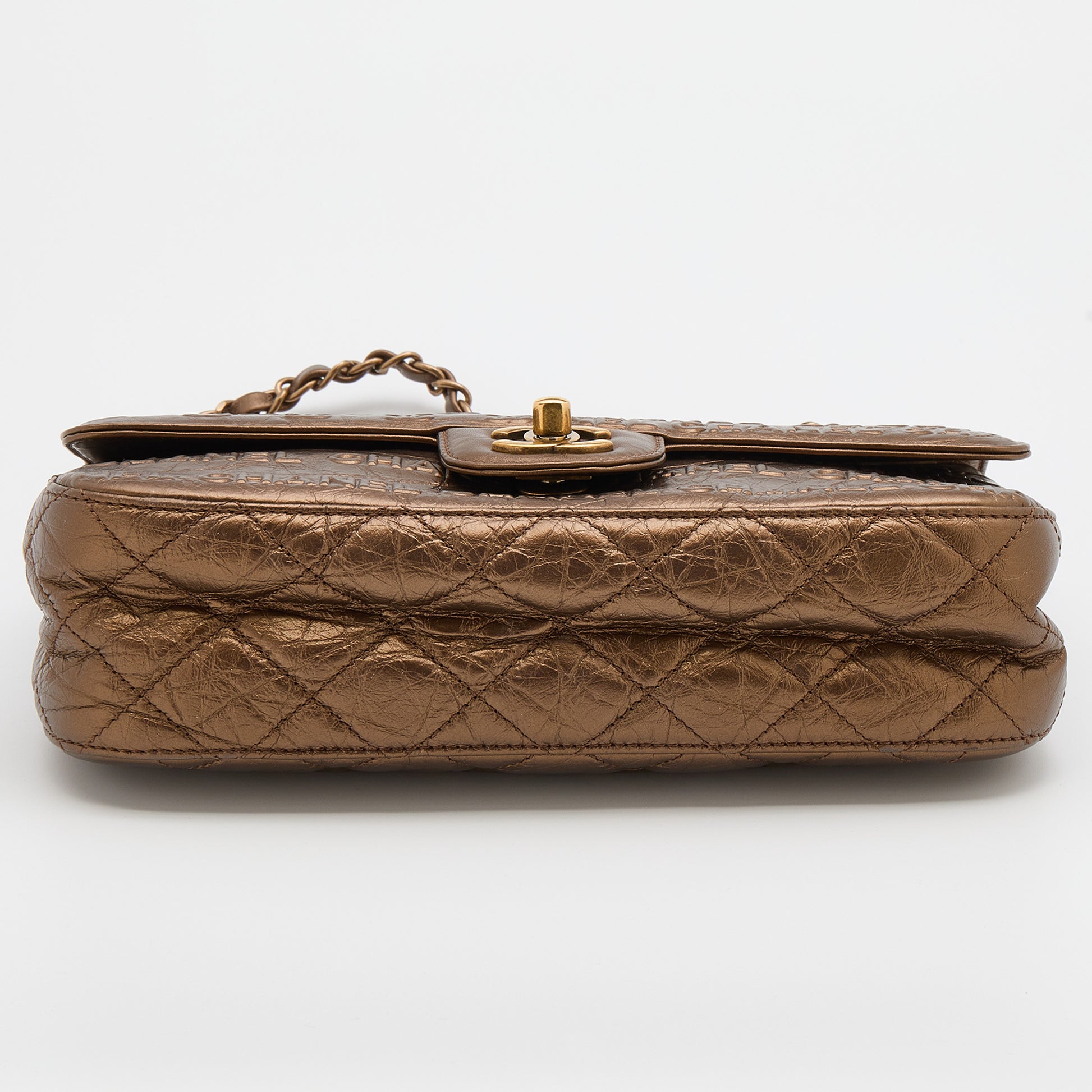 Chanel Metallic Bronze Leather Logo Embossed Flap Bag