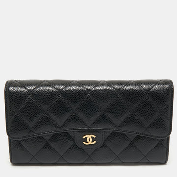 Chanel Black Quilted Caviar Leather Gusset Flap Wallet