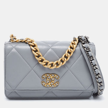 Chanel Grey Quilted Leather 19 Flap Wallet on Chain
