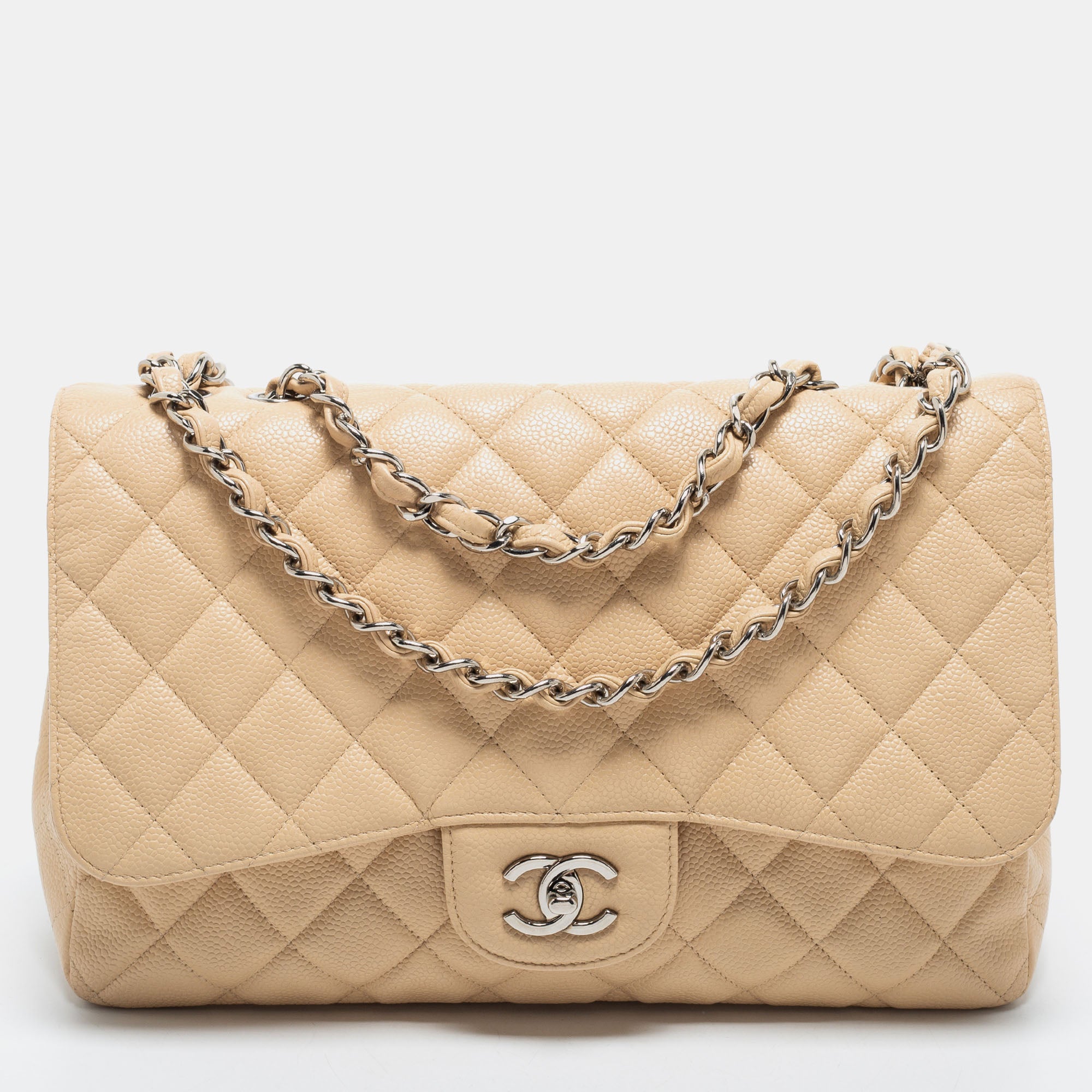 Chanel Medium Classic Flap Beige Caviar Leather Bag Gold Hardware