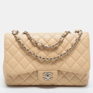 Chanel Beige Quilted Caviar Leather Jumbo Classic Single Flap Bag