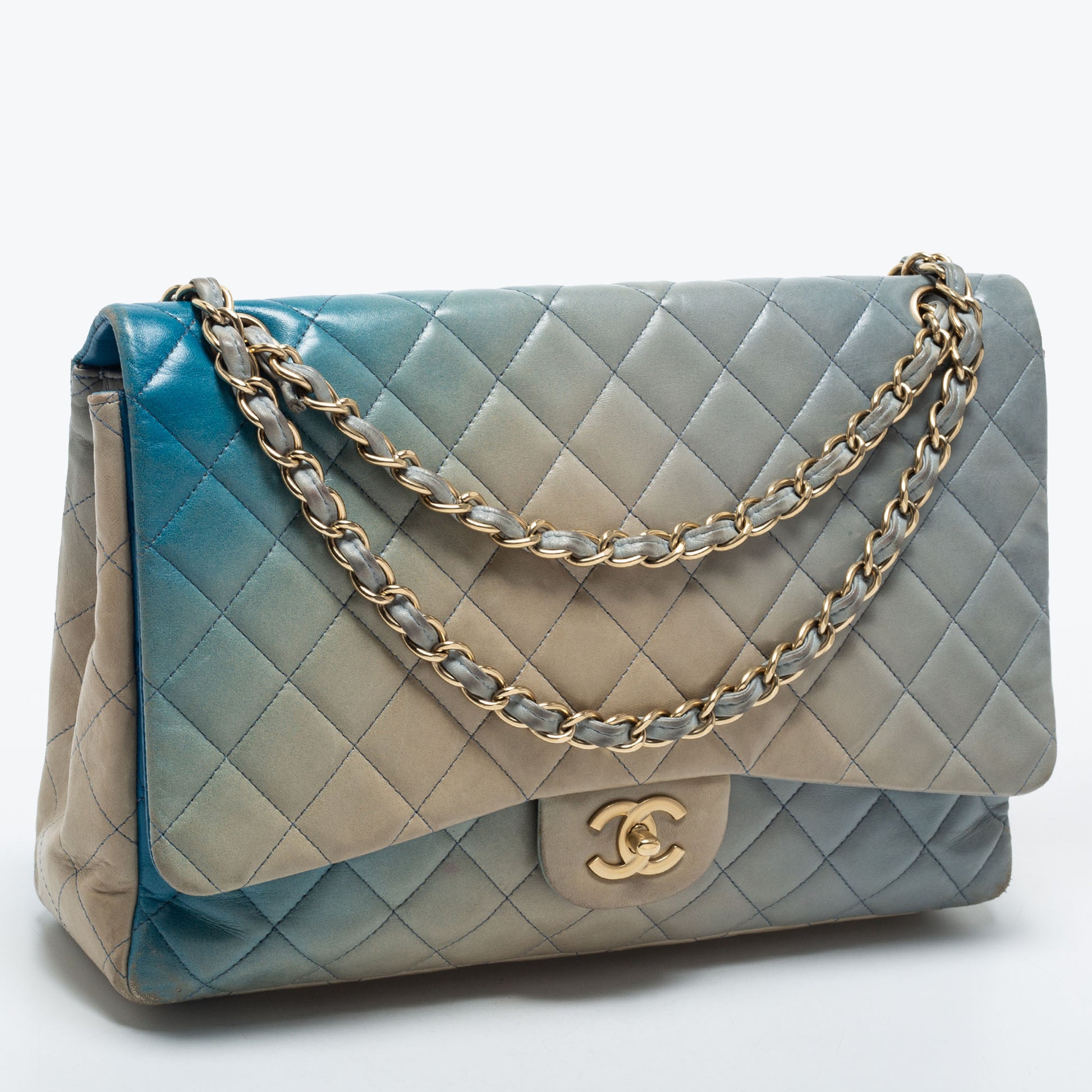 Chanel Ombre Blue Quilted Leather Maxi Classic Single Flap Shoulder Ba