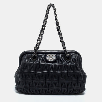 Chanel Black Perforated Pleated Leather CC Frame Satchel