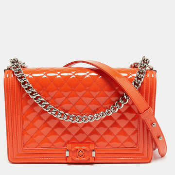 Chanel Orange Quilted Patent Leather New Medium Boy Flap Bag