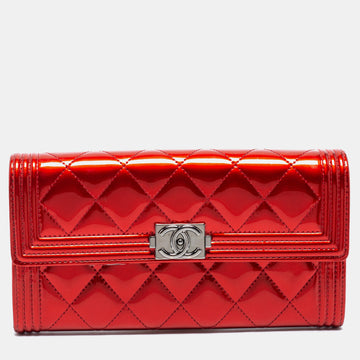 Chanel Red Patent Leather Single Flap Boy Continental Wallet