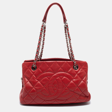 Chanel Red Quilted Caviar Leather CC Timeless Tote