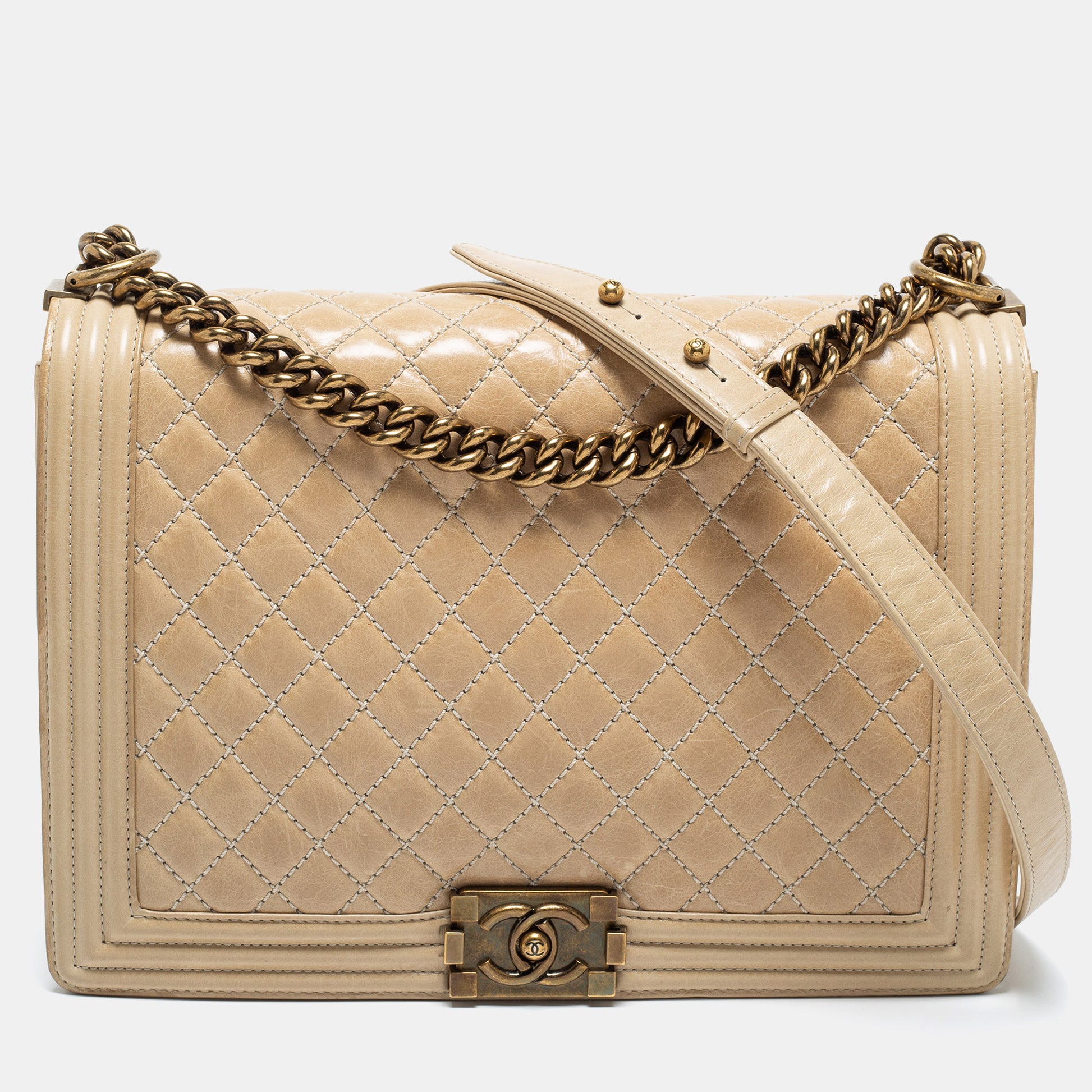 Chanel Two Tone Beige Quilted Glossy Leather Large Boy Flap Bag