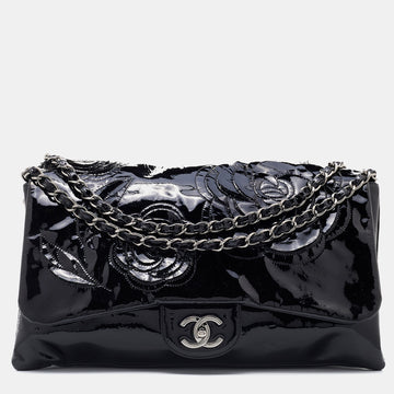 Chanel Black Patent Leather Paris Shanghai Camellia Flap Bag