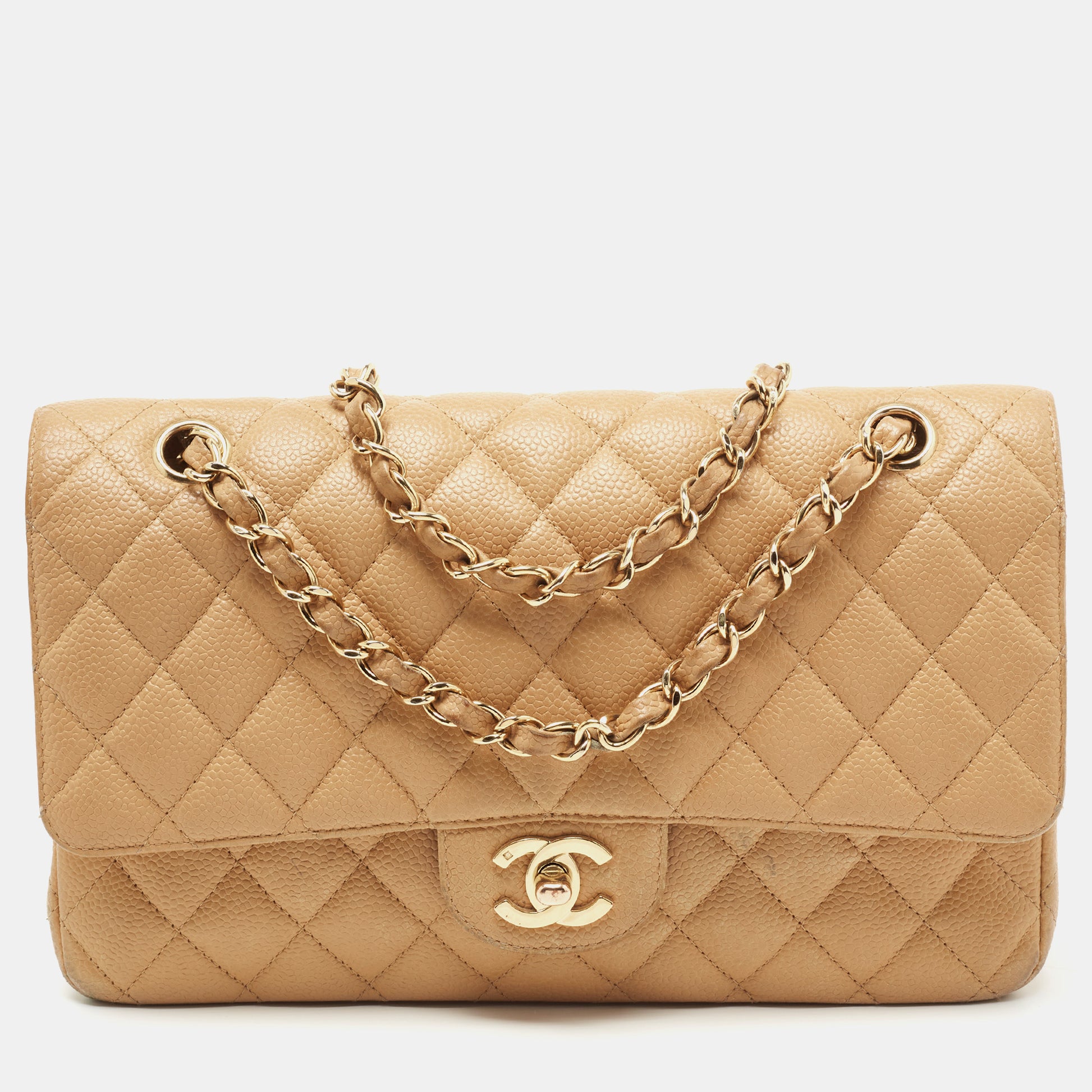 Chanel Classic Quilted Caviar Double Flap Jumbo Bag in Beige