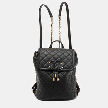 Chanel Black Quilted Caviar Leather Filigree Backpack