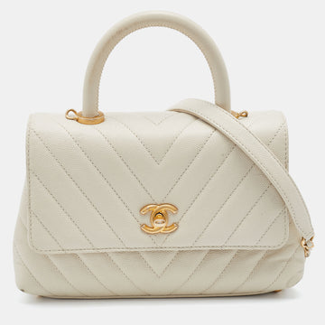 Chanel White Chevron Quilted Caviar Leather Mmall Coco Handle Bag