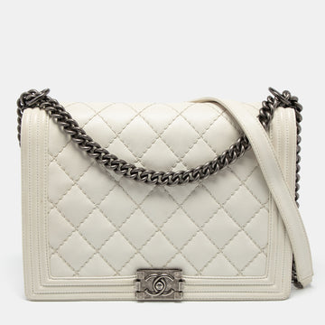 Chanel White Quilted Leather Large Wild Stitch Boy Bag