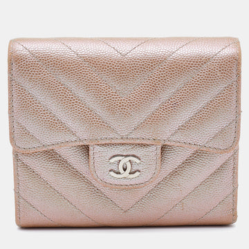 Chanel Metallic Iridescent Caviar Chevron Quilted Leather CC Compact Wallet