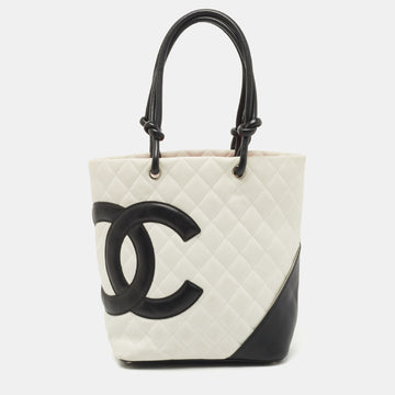 Chanel White/Black Quilted Leather Small Cambon Ligne Tote