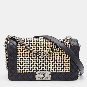 Chanel Black/Cream Woven Patent and Leather Medium Reverso Boy Flap Bag