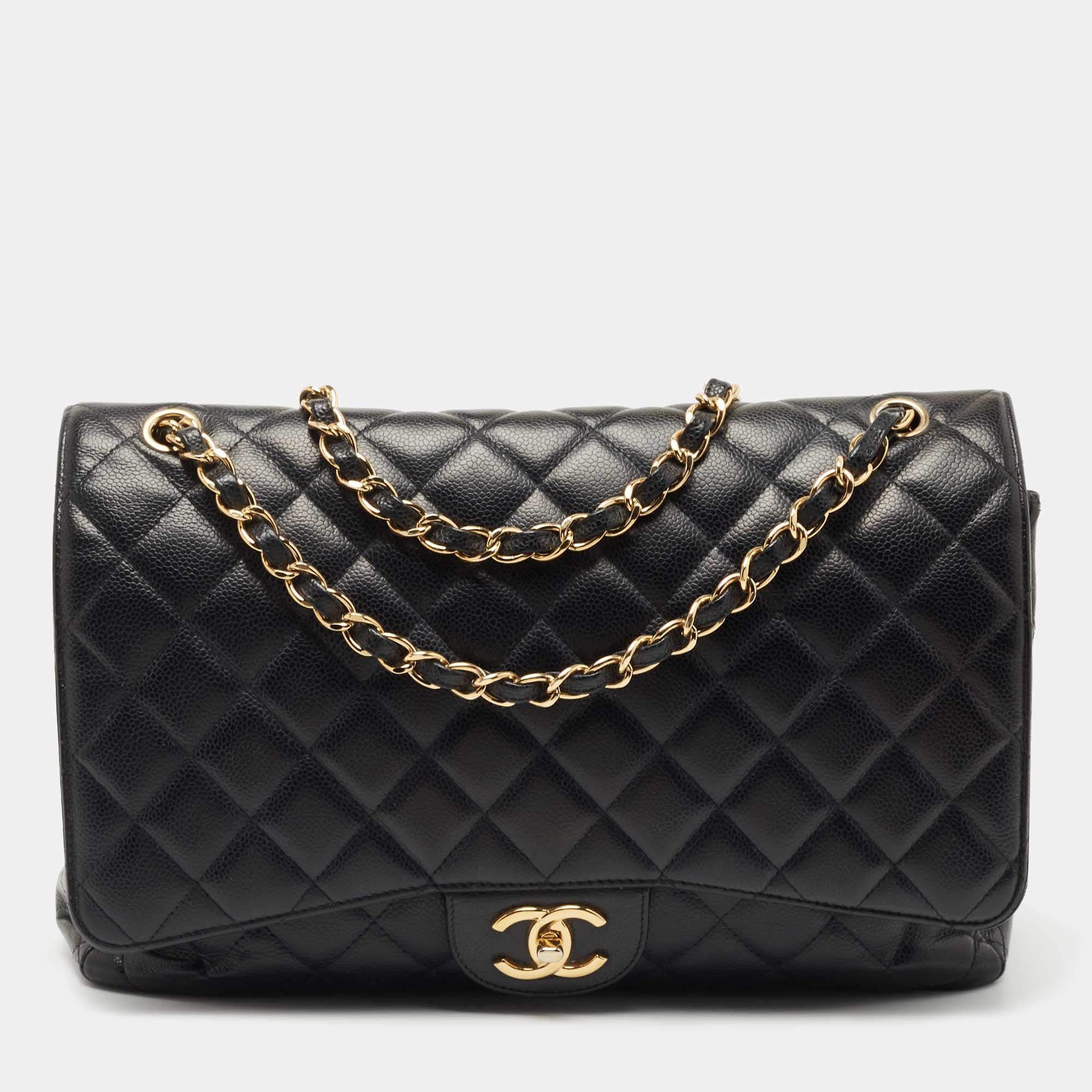 Chanel Black Quilted Soft Caviar Maxi Classic Single Flap Silver