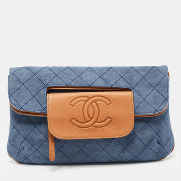 Chanel Blue/Tan Quilted Denim and Leather CC Flap Clutch