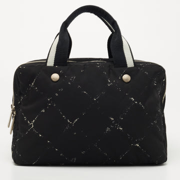 Chanel Black/White Quilted Nylon Travel Line Multiple Zip Bowler Bag