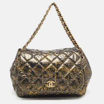 Chanel Black/Green Quilted Printed Coated Nylon Accordion Chain Bag