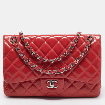 Chanel Orange Quilted Patent Leather Jumbo Classic Double Flap Bag