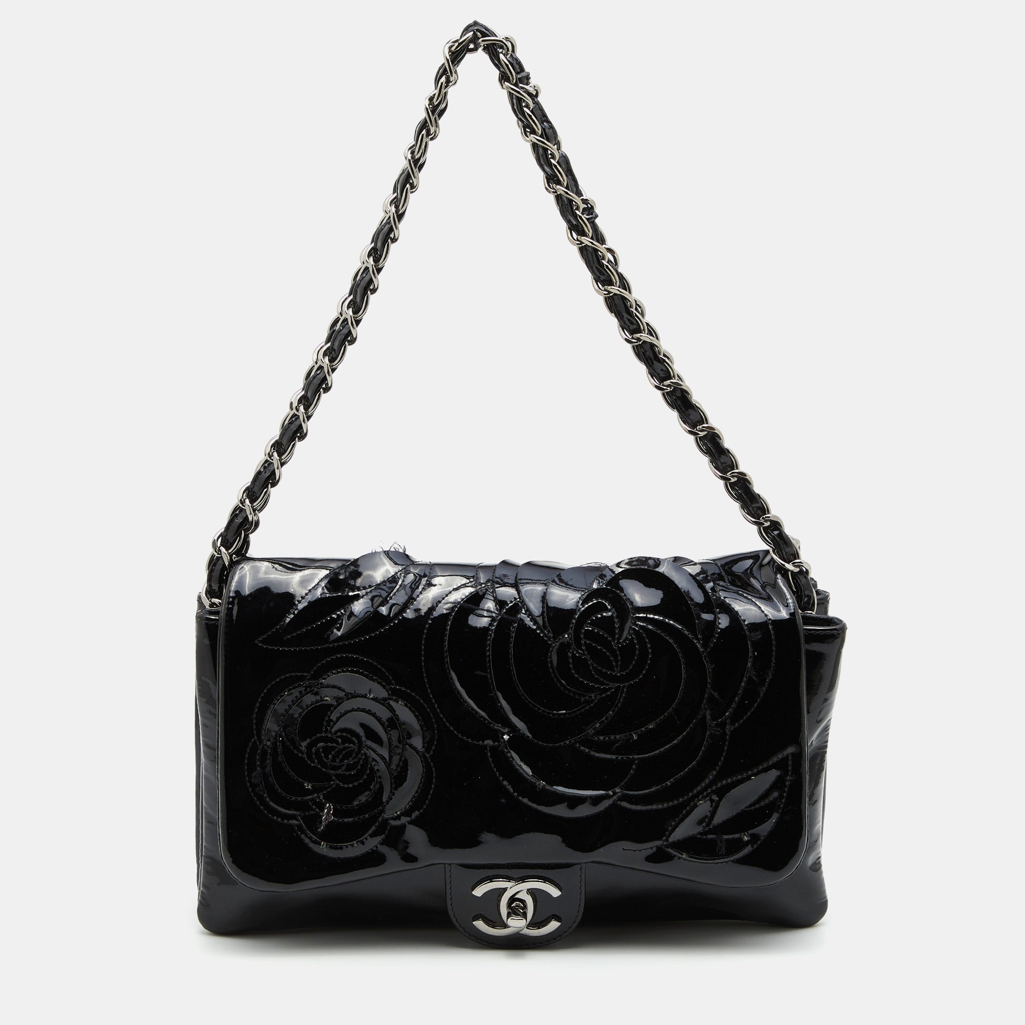 Chanel Cambon Quilted Lambskin Camellia No. 5 Flap Black Patent Leather Shoulder Bag