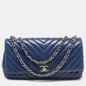 Chanel Blue Surpique Chevron Leather CC Flap Bag