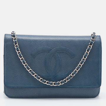CHANEL Blue Caviar Leather Wallet On Chain