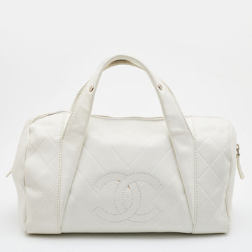 CHANEL Off White Double Quilt Leather Bowler Bag