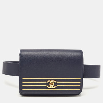 CHANEL Blue Caviar Leather Captain Gold Waist Bag