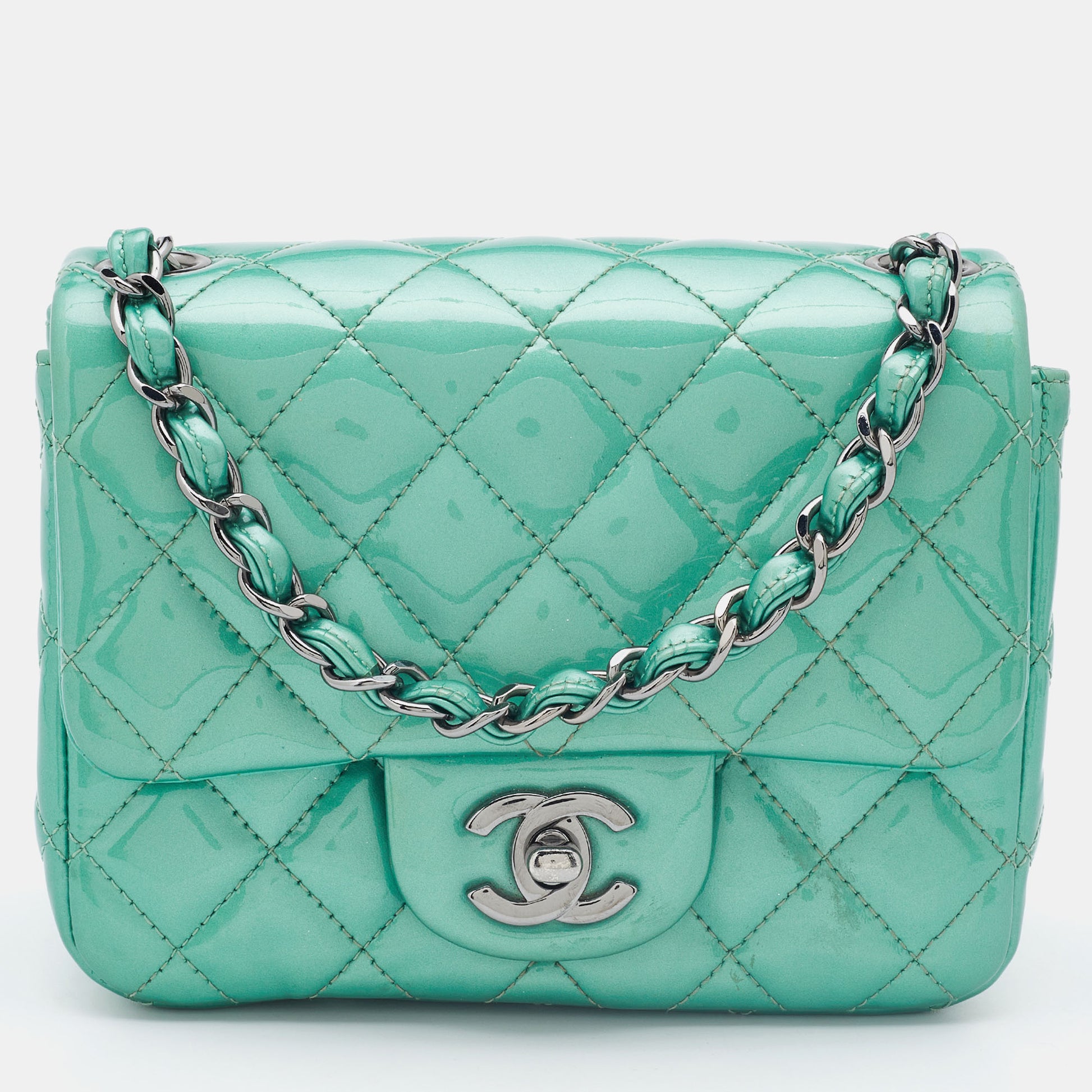 CHANEL Light Green Quilted Patent Leather Mini Square Classic