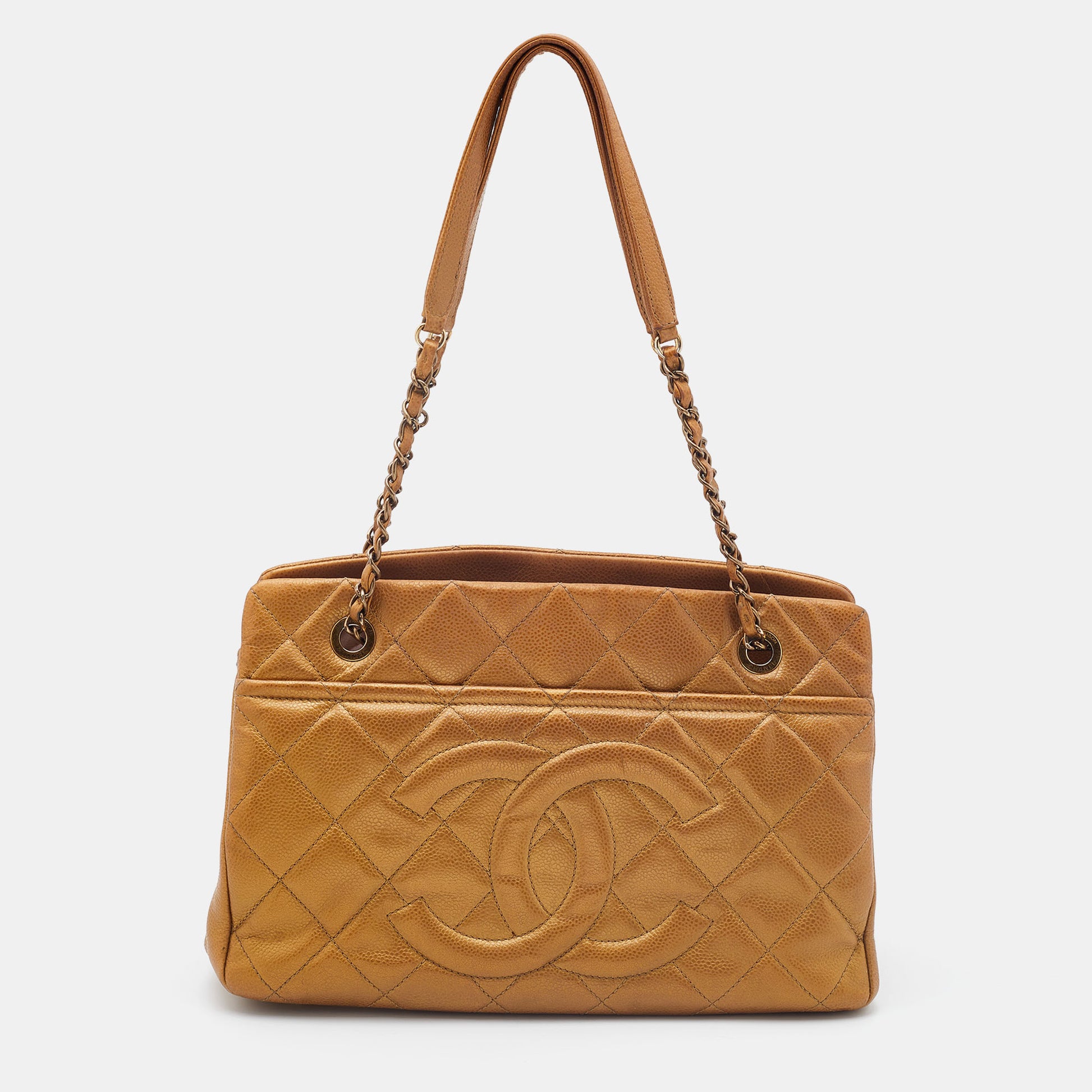 CHANEL Gold Quilted Caviar Leather CC Timeless Tote