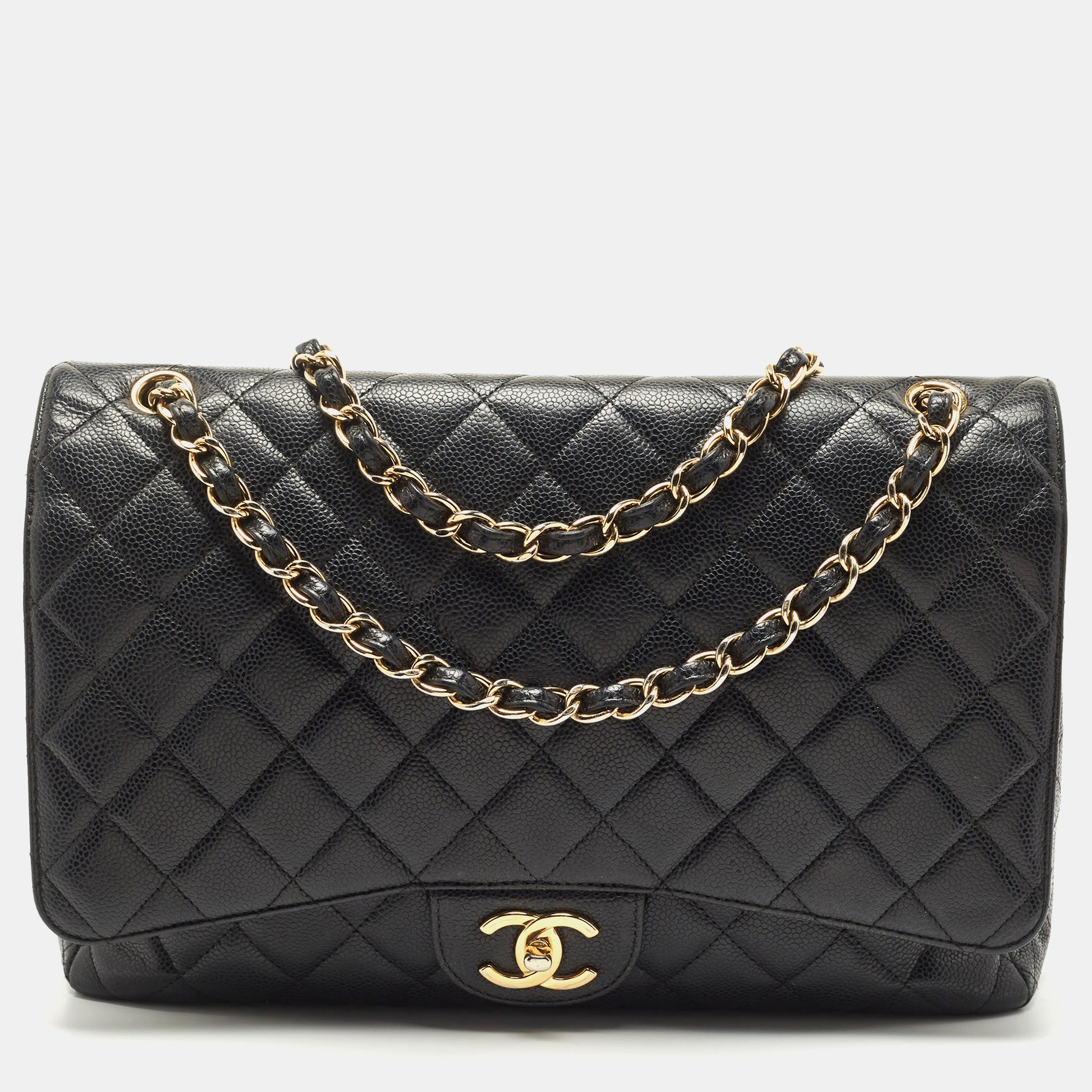 CHANEL Black Caviar Leather Maxi Classic Double Flap Bag