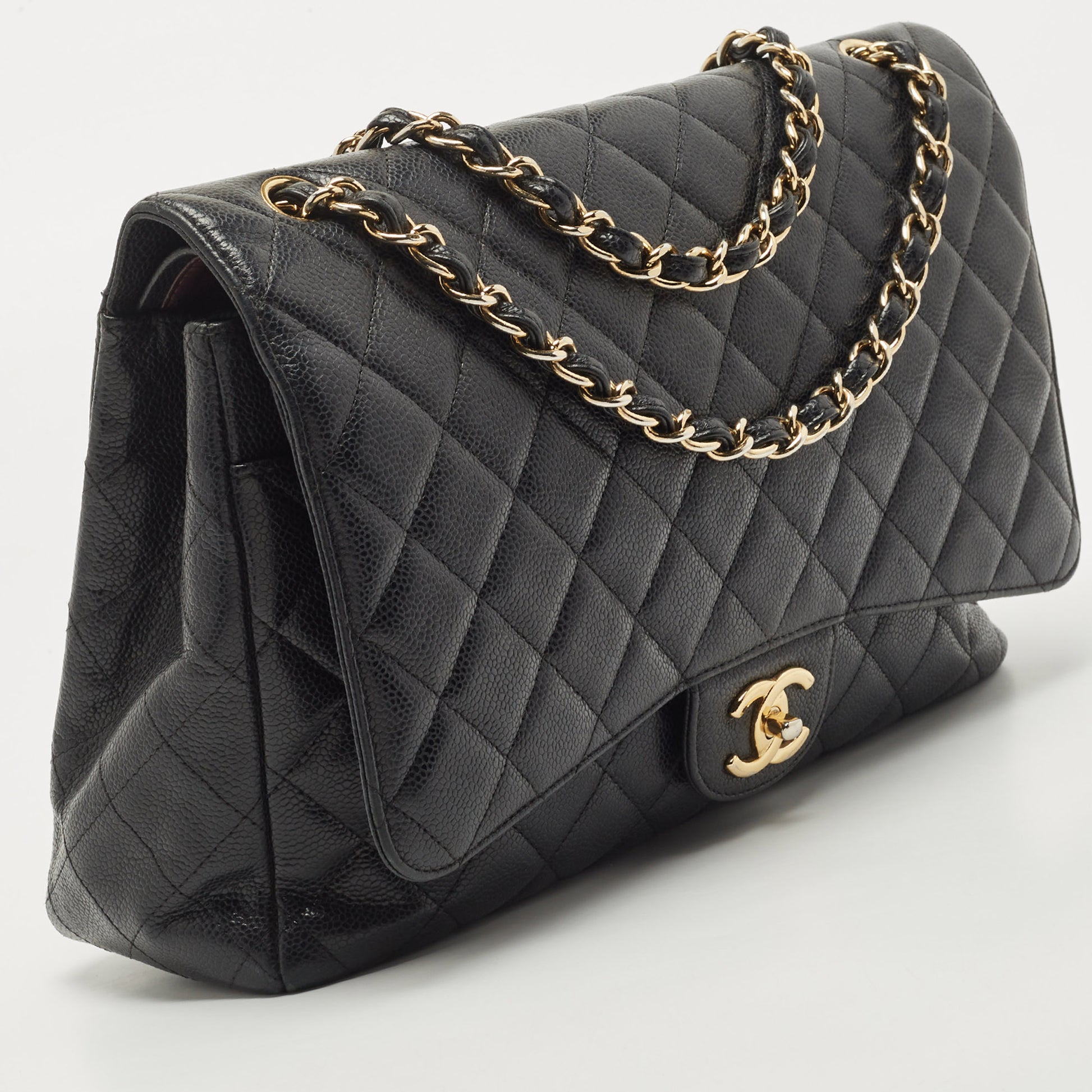 CHANEL Black Caviar Leather Maxi Classic Double Flap Bag