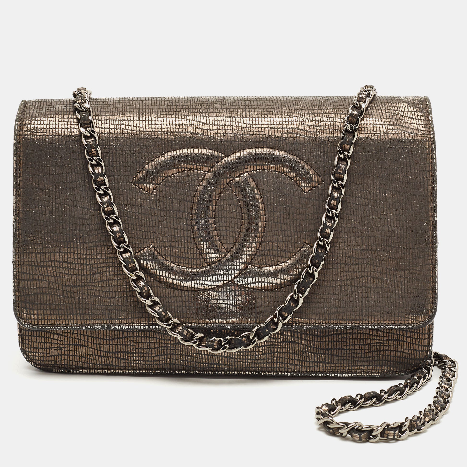 CHANEL Silver Shimmer Suede CC Timeless Wallet on Chain