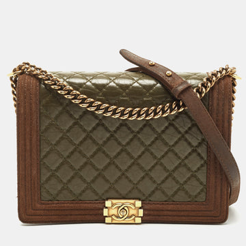 CHANEL Brown/Olive Green Quilted Leather Large Paris-Edinburgh Boy Bag