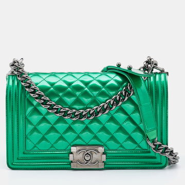 CHANEL Green Quilted Patent Leather Medium Boy Flap Bag