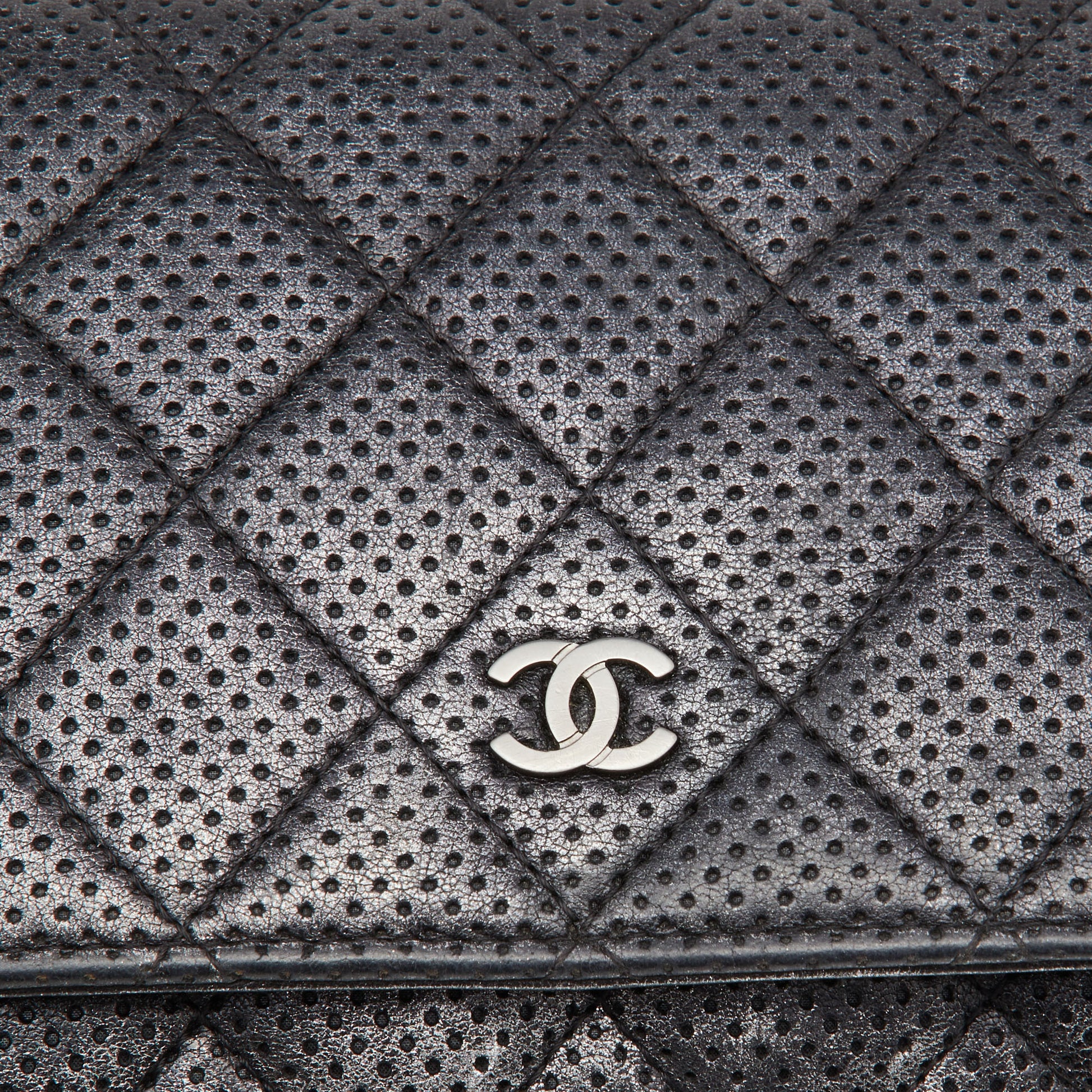 Chanel Black/Silver Quilted Perforated Leather Classic Wallet on Chain  Chanel